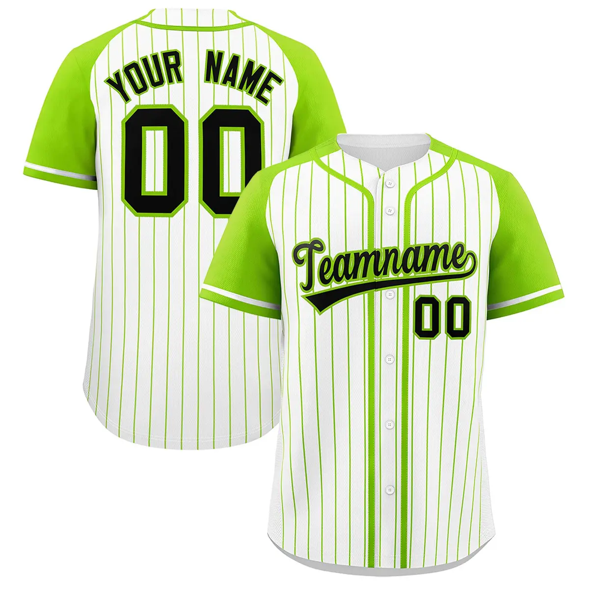 White Neon Green Stripe Raglan Baseball Jersey