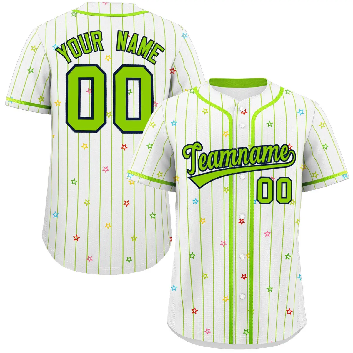 White Neon Green Stripe Star Pattern Baseball Jersey