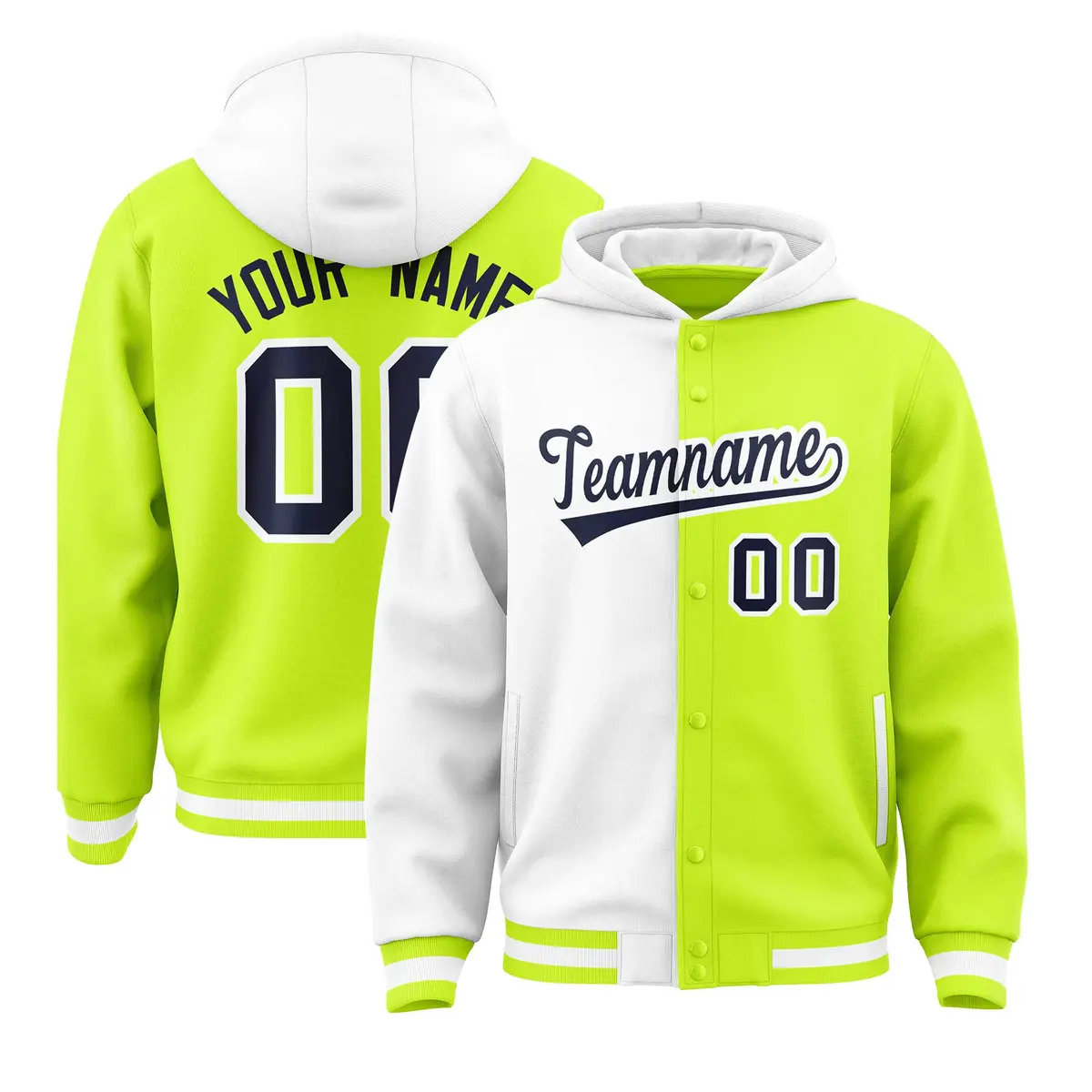 White Neon Green Two Tone Split Varsity Letterman Jacket Hoodie