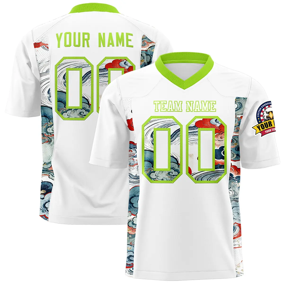 White Neon Green Ukiyo-e Auspicious Clouds Graffiti Football Jersey