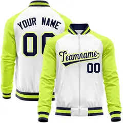 White Neon Green Varsity Full-Zip Raglan Letterman Baseball Jacket