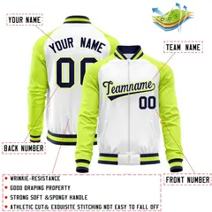 White Neon Green Varsity Full-Zip Raglan Letterman Baseball Jacket 4