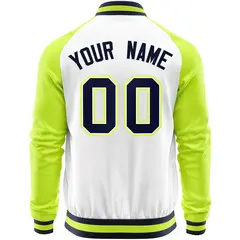 White Neon Green Varsity Full-Zip Raglan Letterman Baseball Jacket 6