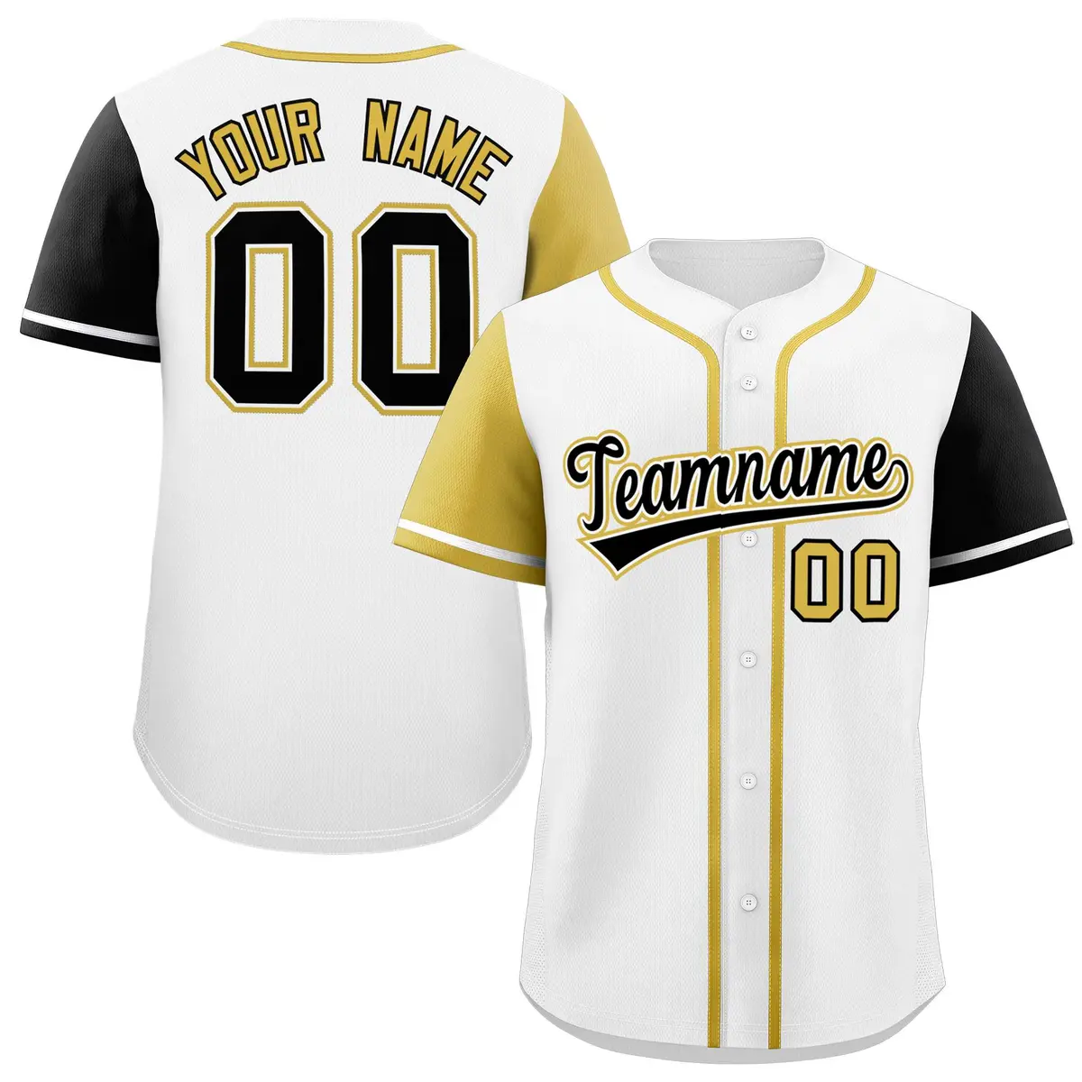 White Old Gold and Black Raglan Sleeves Baseball Jersey