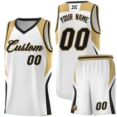 White Old Gold Black Color Block Basketball Jersey