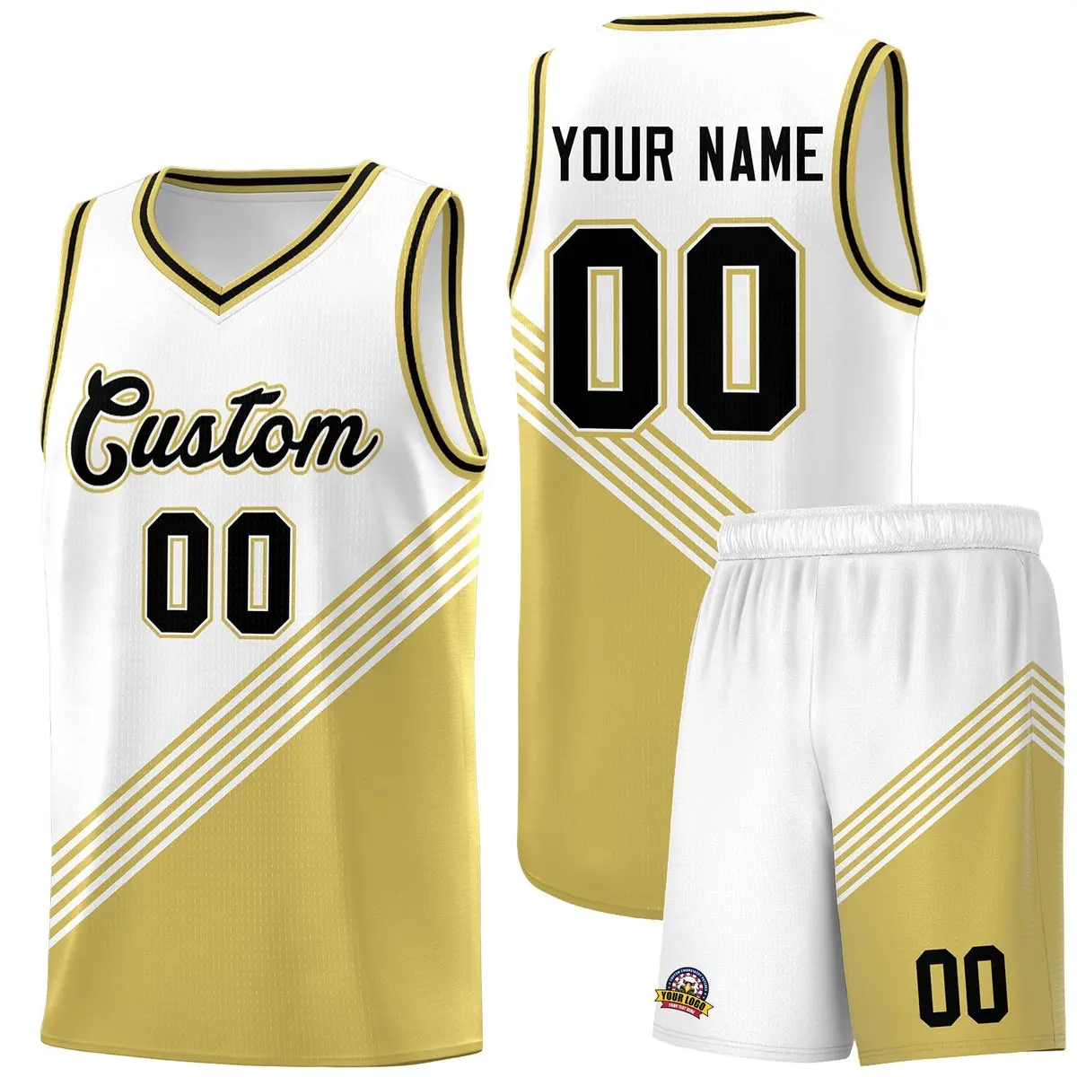 White Old Gold Black Diagonal Stripe Color Block Basketball Jersey