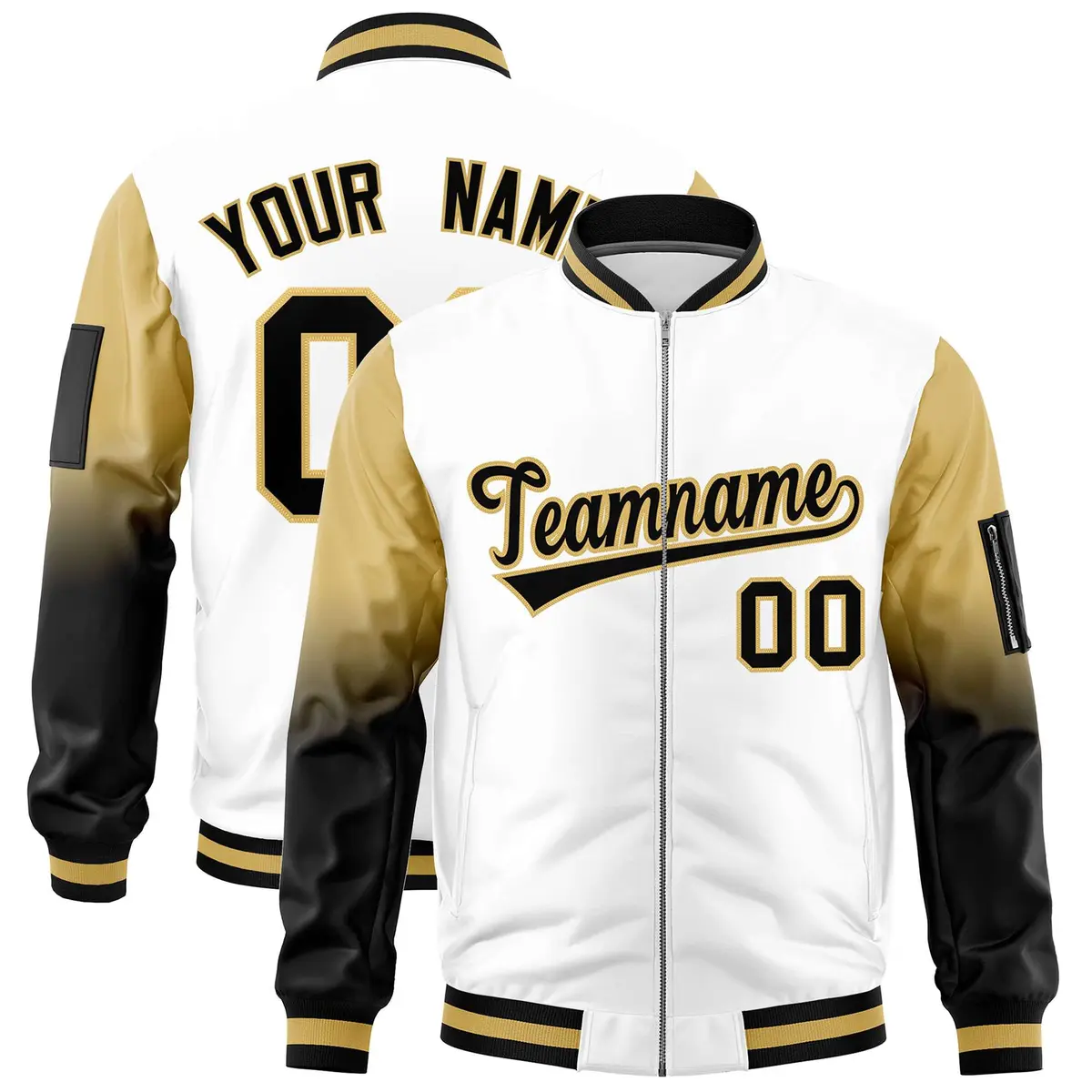 White Old Gold-Black Gradient Full-Zip Letterman Bomber Jacket