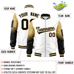 White Old Gold-Black Gradient Full-Zip Letterman Bomber Jacket 2