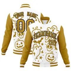 White Old Gold Black Halloween Bats Pumpkins Ghost Letterman Jacket