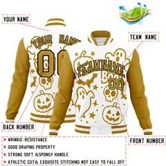 White Old Gold Black Halloween Bats Pumpkins Ghost Letterman Jacket 2
