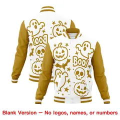 White Old Gold Black Halloween Bats Pumpkins Ghost Letterman Jacket 7
