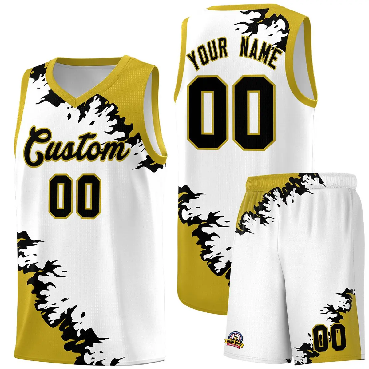 White Old Gold-Black Sparkle Pattern Basketball Kits