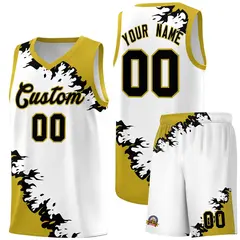 White Old Gold-Black Sparkle Pattern Basketball Kits