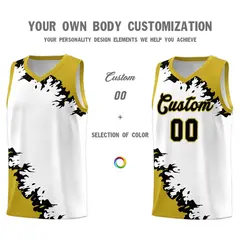 White Old Gold-Black Sparkle Pattern Basketball Kits 3