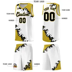 White Old Gold-Black Sparkle Pattern Basketball Kits 5
