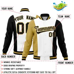 White Old Gold Black Three Color Blocks Varsity Full-Snap Letterman Jacket 2