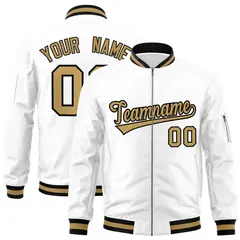 White Old Gold-Black Varsity Full-Zip Letterman Bomber Jacket