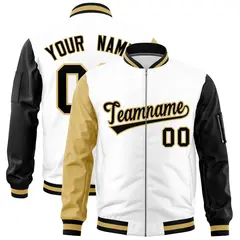 White Old Gold Black Varsity Full-Zip Raglan Letterman Bomber Jacket