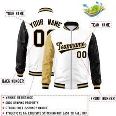White Old Gold Black Varsity Full-Zip Raglan Letterman Bomber Jacket 2