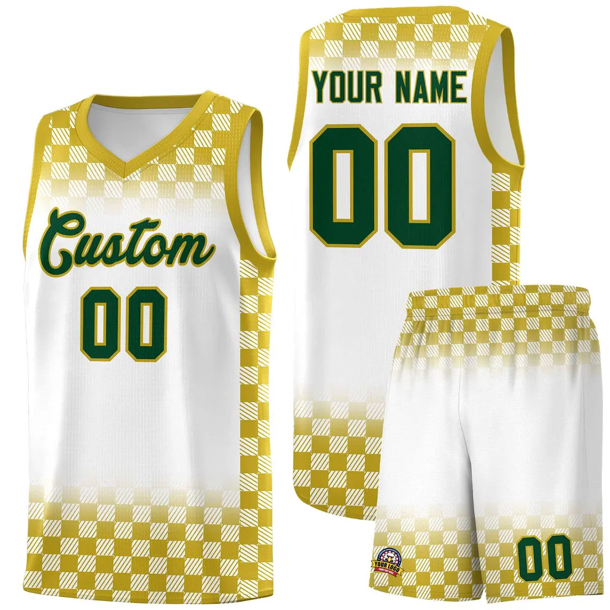 White Old Gold Classic Plaid Basketball Uniform Jersey