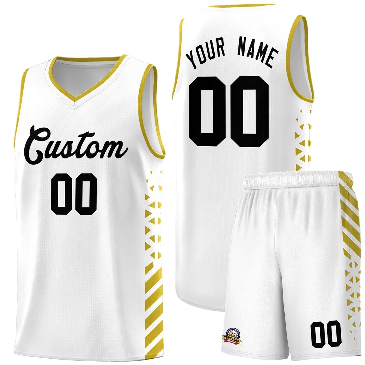 White Old Gold Diamond Stripe Side Basketball Jersey
