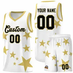 White Old Gold Graffiti Star Print Basketball Jersey Sets