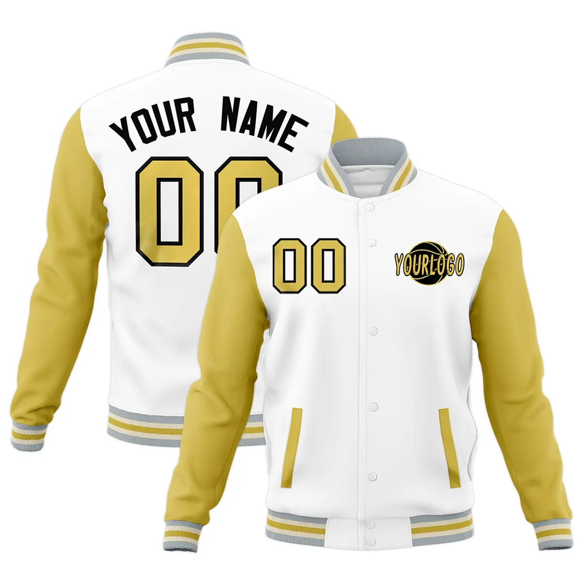 White Old Gold Gray Raglan Sleeves Cotton Letterman Jacket