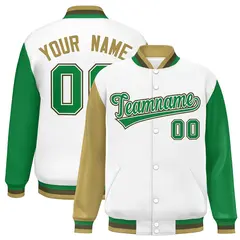 White Old Gold-Kelly Green Raglan Varsity Letterman Baseball Jacket