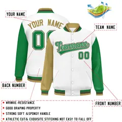 White Old Gold-Kelly Green Raglan Varsity Letterman Baseball Jacket 2