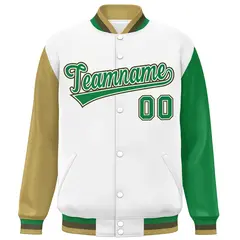 White Old Gold-Kelly Green Raglan Varsity Letterman Baseball Jacket 3