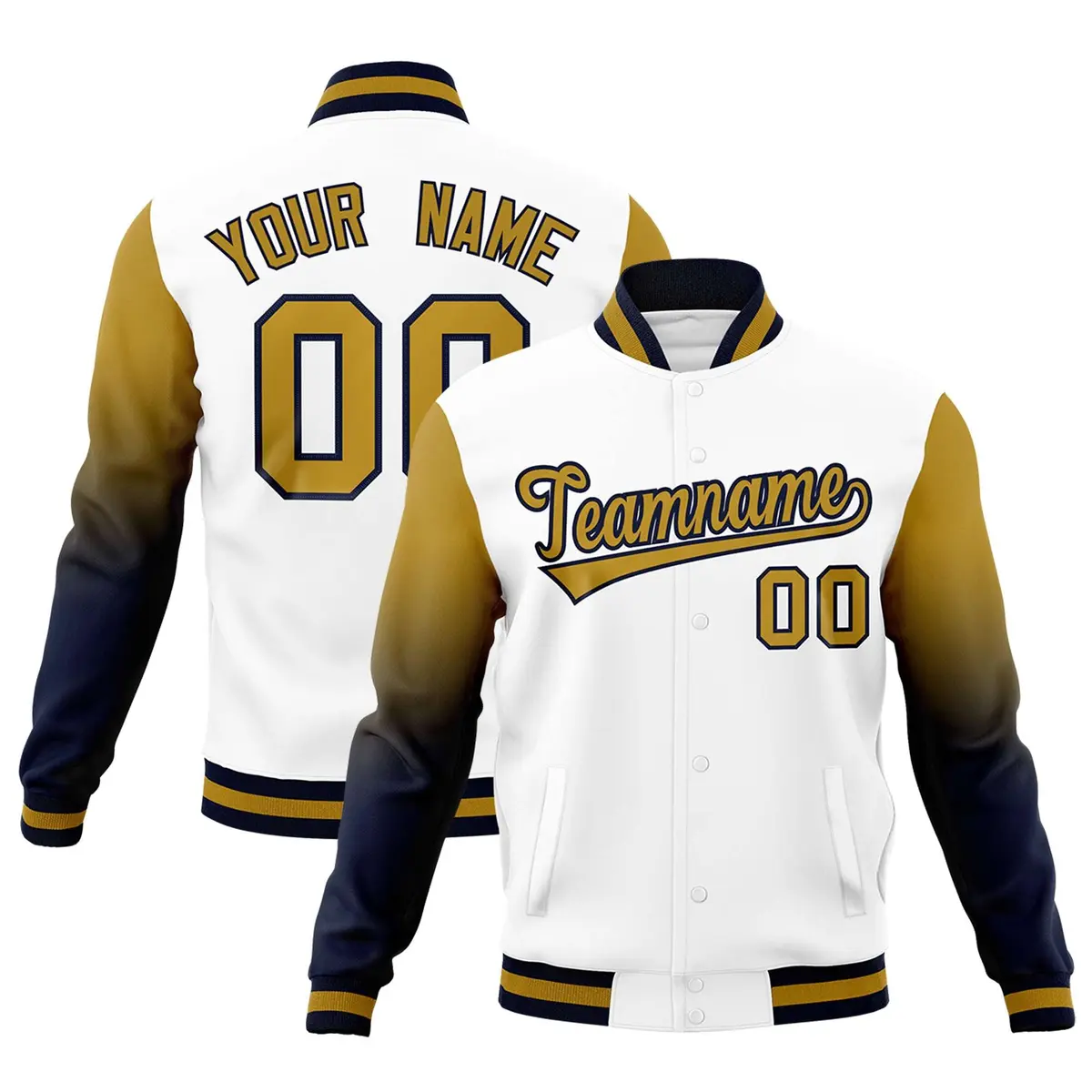 White Old Gold Navy Gradient Varsity Raglan Letterman Jacket