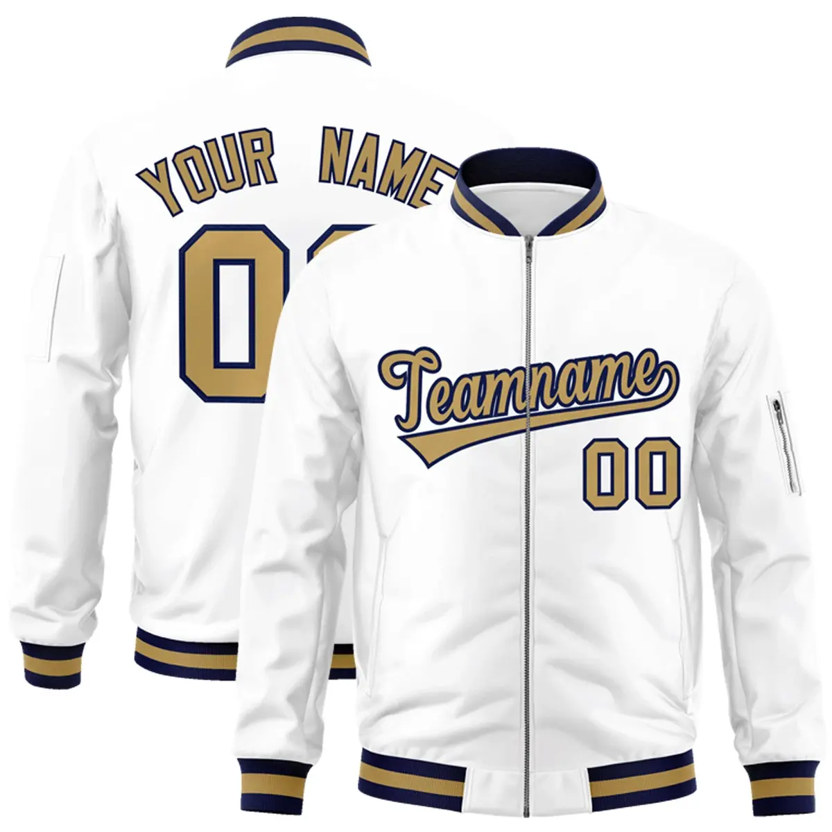 White Old Gold-Navy Varsity Full-Zip Letterman Bomber Jacket