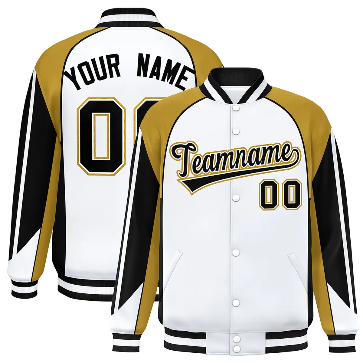 White Old Gold Raglan Color Block Varsity Letterman Jacket