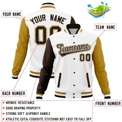 White Old Gold Raglan Full-Snap Varsity Letterman Baseball Jacket 4