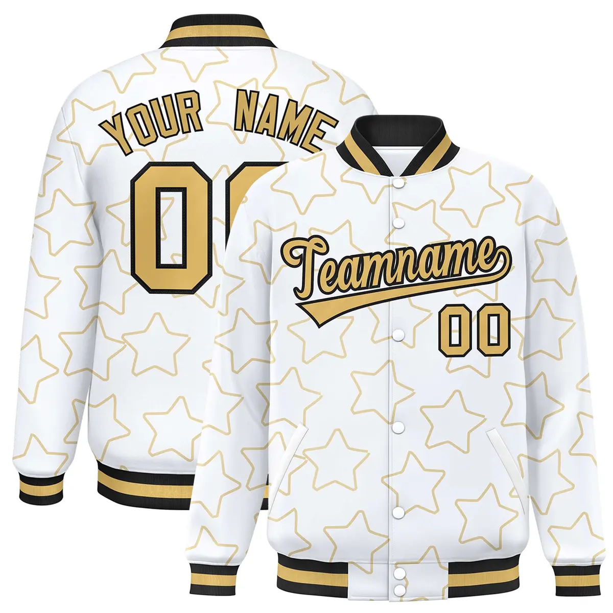 White Old Gold Star Pattern Varsity Full-Snap Letterman Baseball Jacket