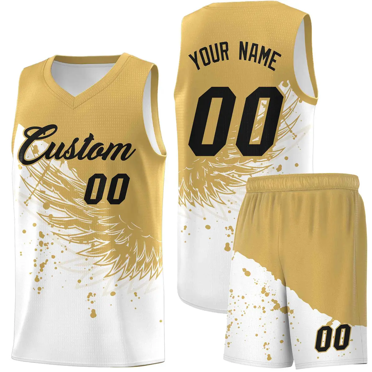 White Old Gold Wing Pattern Basketball Sports Uniform Jersey