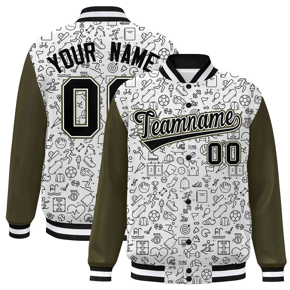 White Olive-Black Line Graffiti Raglan Varsity Letterman Jacket