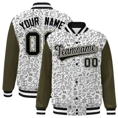 White Olive-Black Line Graffiti Raglan Varsity Letterman Jacket