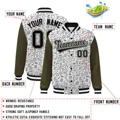 White Olive-Black Line Graffiti Raglan Varsity Letterman Jacket 2
