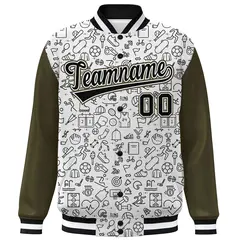 White Olive-Black Line Graffiti Raglan Varsity Letterman Jacket 3