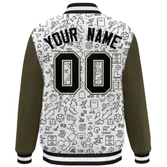 White Olive-Black Line Graffiti Raglan Varsity Letterman Jacket 4