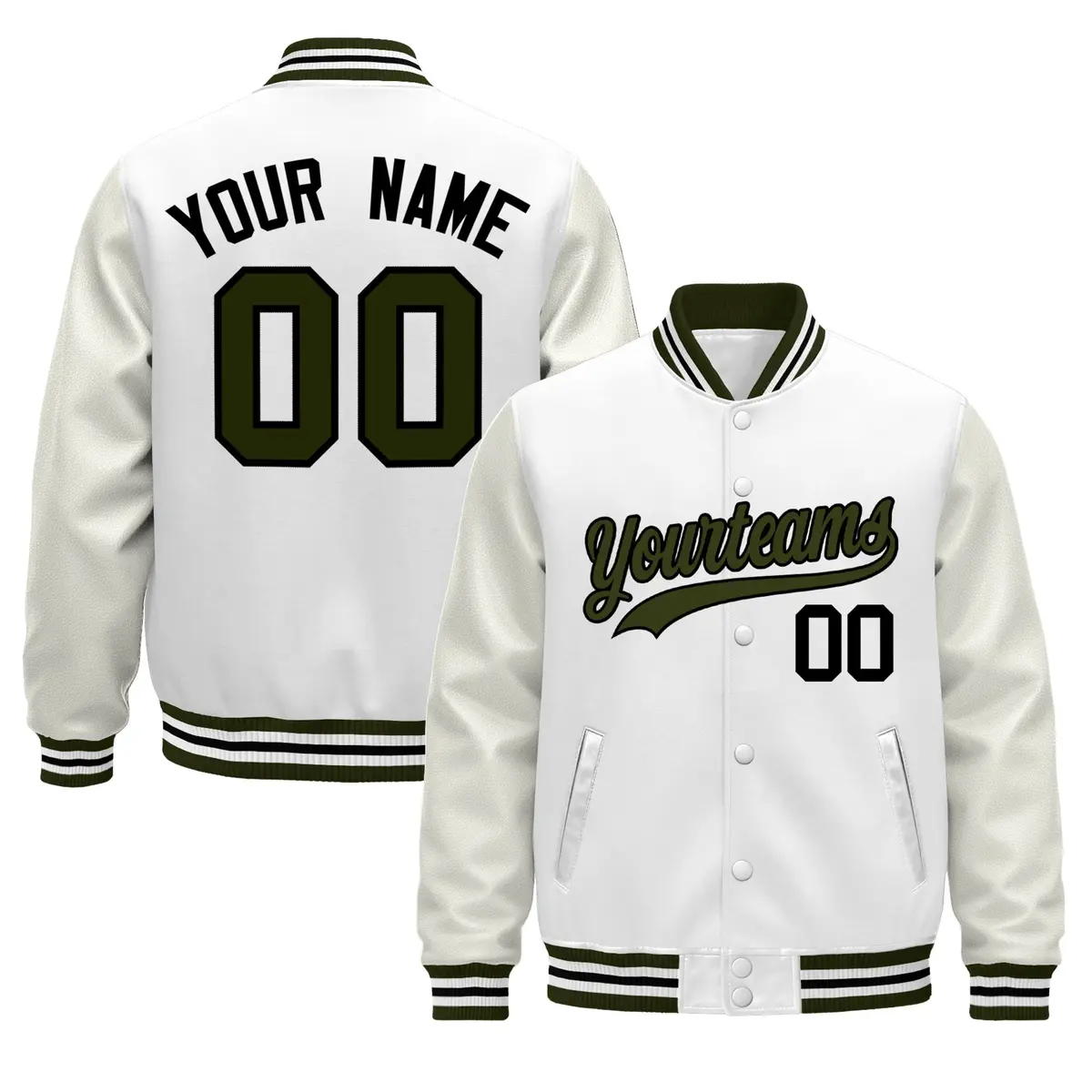 White Olive Black Varsity Jacket with Leather Sleeves Wrinkle-Resistant