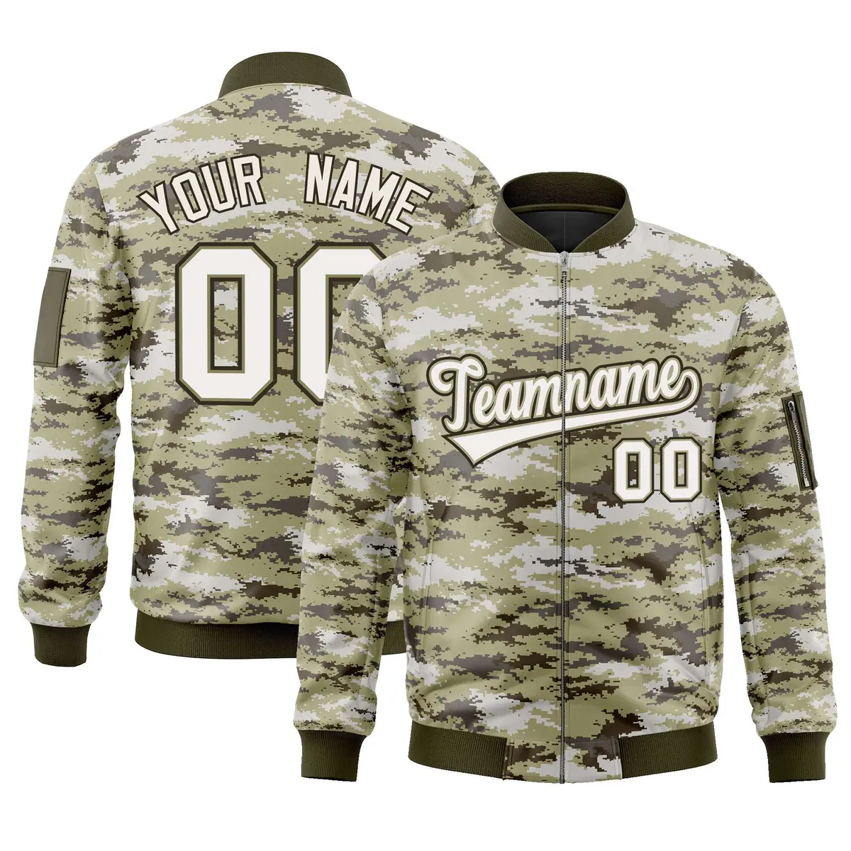 White Olive Camo Varsity Full-Zip Letterman Bomber Jacket