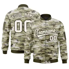 White Olive Camo Varsity Full-Zip Letterman Bomber Jacket