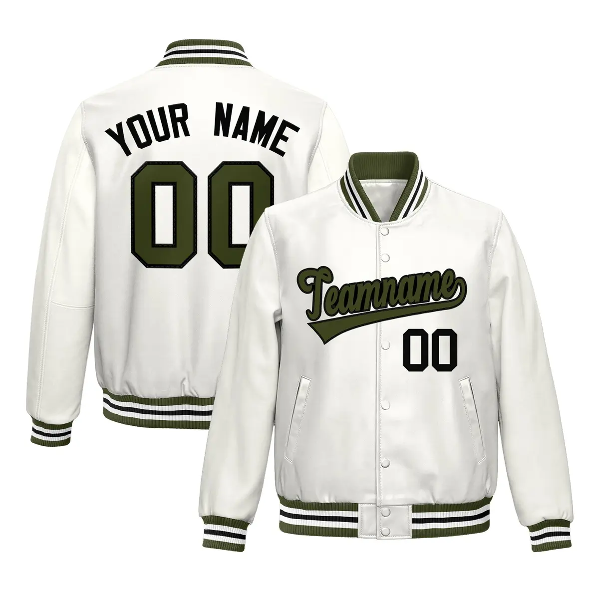 White Olive Full-Snap Varsity Faux Leather Letterman Jacket