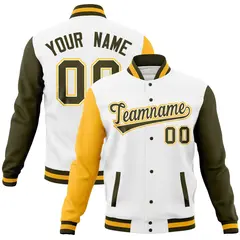 White Olive-Gold Raglan Sleeves Full-Snap Letterman Jacket