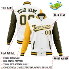 White Olive-Gold Raglan Sleeves Full-Snap Letterman Jacket 4