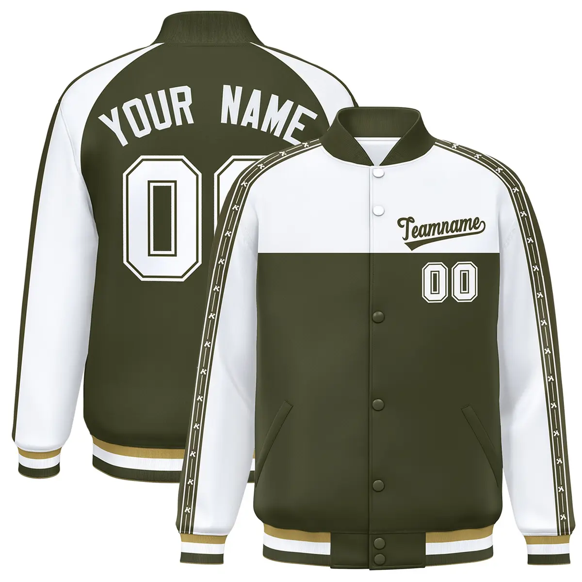 White Olive K-Ribbon Raglan Color Block Full-Snap Letterman Jacket