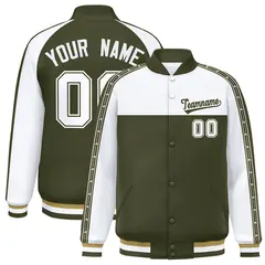 White Olive K-Ribbon Raglan Color Block Full-Snap Letterman Jacket