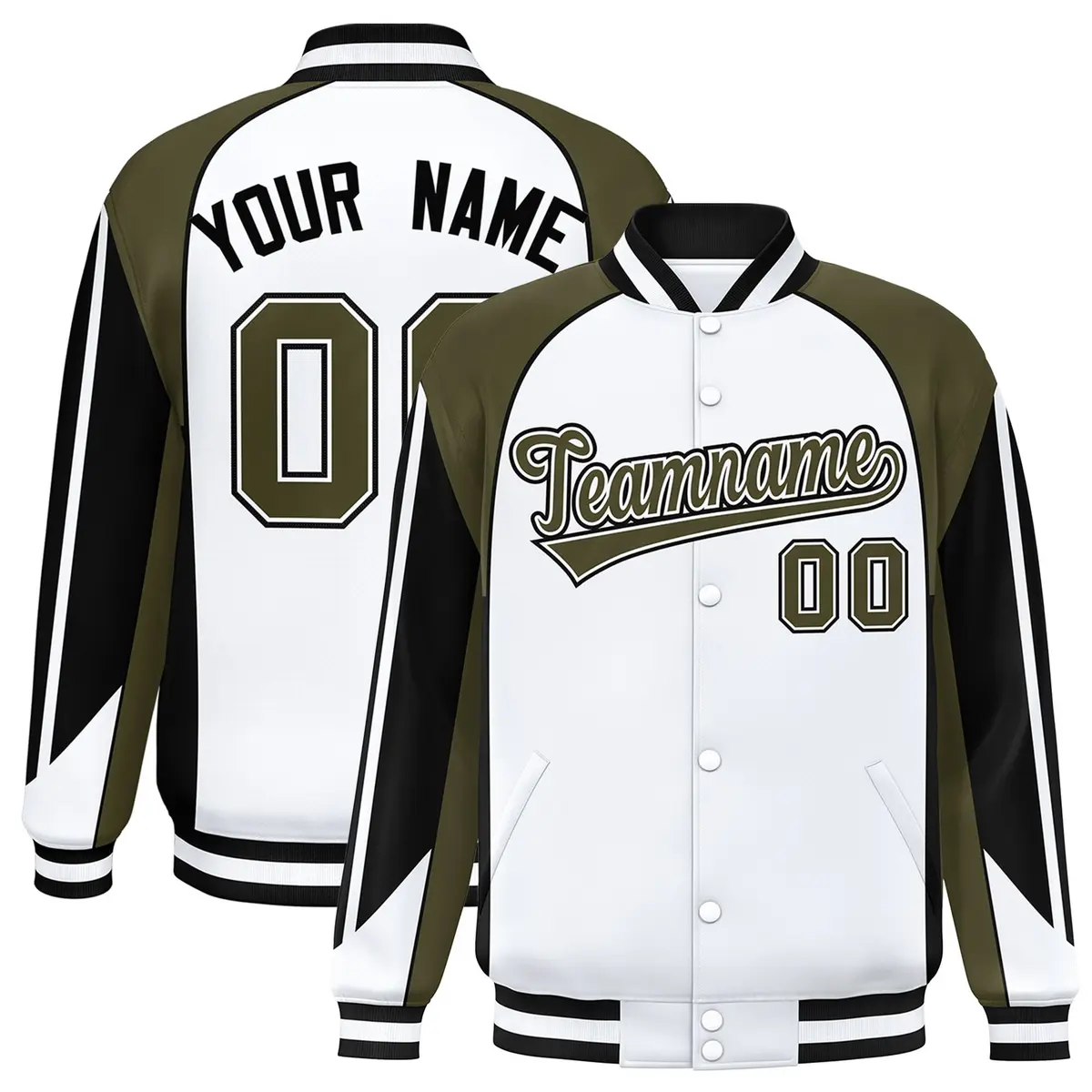White Olive Raglan Color Block Varsity Letterman Jacket